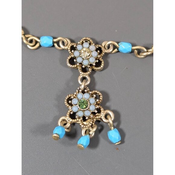 Avon Blue FLower Gold Tone Matte Fringe Charm Boho Western Necklace Earring Set - Picture 2 of 7